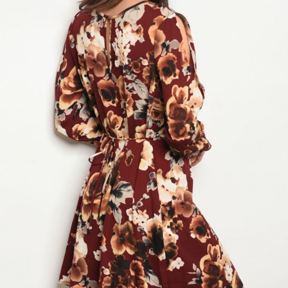 LAST 1! Fall floral burgundy long sleeve dress - Picture 3 of 4